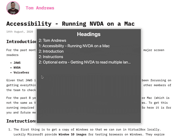 Example of heading rotor with VoiceOver for Mac and Chrome on a blog post for tomandrews.co.uk